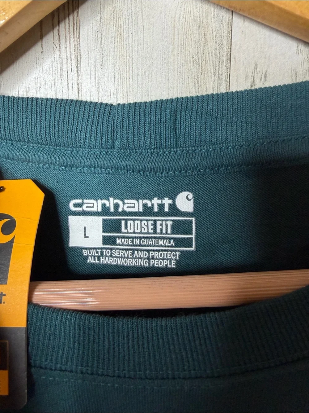 Carhartt Teal Long Sleeve Pocket Tee with Gold Sleeve Logo